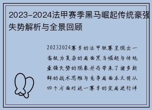 2023-2024法甲赛季黑马崛起传统豪强失势解析与全景回顾
