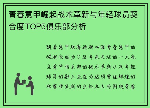 青春意甲崛起战术革新与年轻球员契合度TOP5俱乐部分析