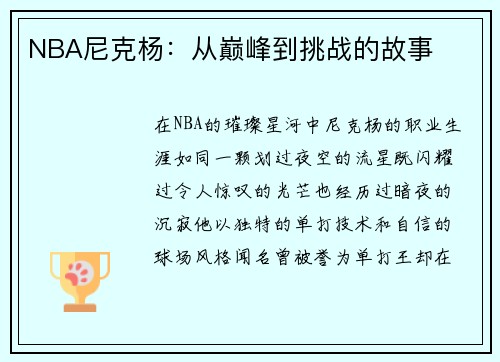 NBA尼克杨：从巅峰到挑战的故事