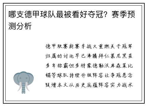 哪支德甲球队最被看好夺冠？赛季预测分析