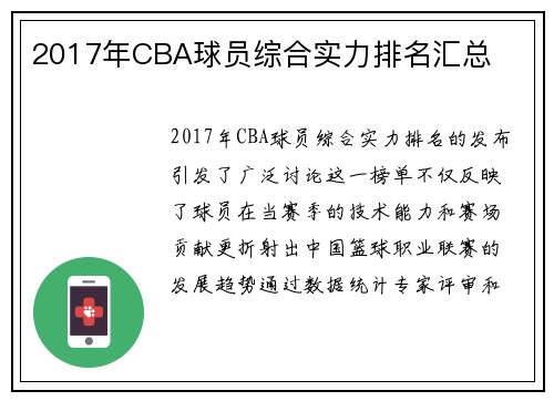 2017年CBA球员综合实力排名汇总