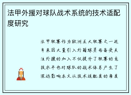 法甲外援对球队战术系统的技术适配度研究